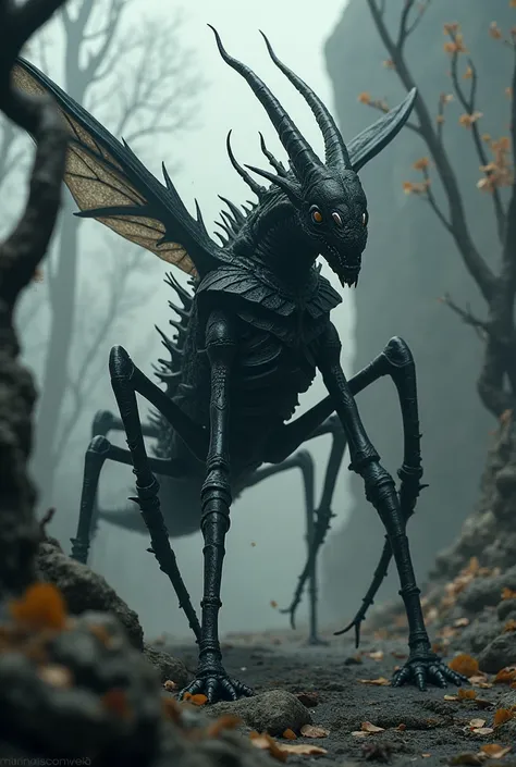 Make a grasshopper dragon in medieval black style 