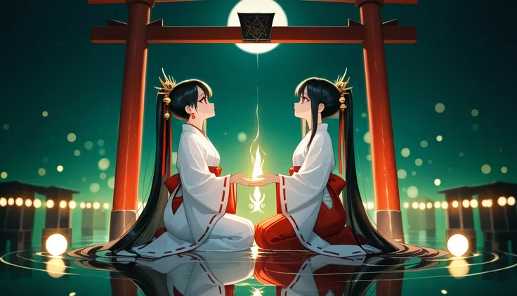 4girl,moon,ceremony,ritual,sacrifice,multiple fucus,occult,moonlit, white kimono, black hair, long sleeves, makeup, hair ornament, red eyes, closed mouth, very long hair, ponytail, earrings, japanese clothes, see-through, wide sleeves, ribbon trim, hakama,...