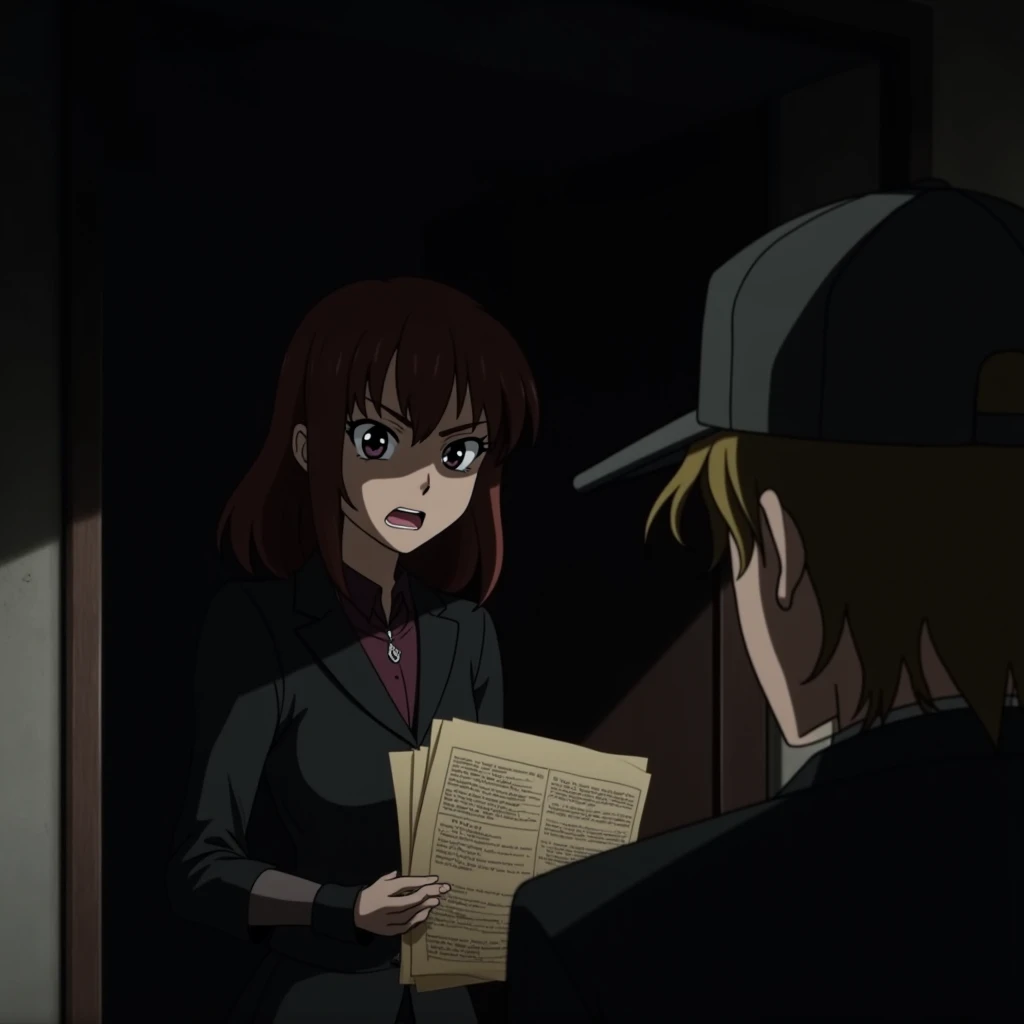 Tiffany Betraying Felix in the Past (Anime Style):
Prompt: "A shadowy flashback scene showing Tiffany sneaking in a dark office, handing over a folder with confidential documents to a man with a baseball cap. The room is dimly lit, casting a dramatic shado...