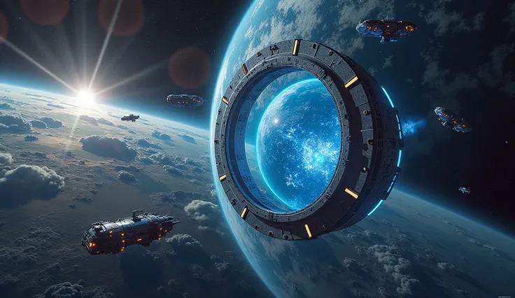  interdimensional portal in the orbit of a planet, ATTACHED TO A GIANT SPACE STATION , With ships around