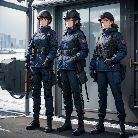 Two female soldiers in navy blue thick coats and military pants、Standing guard at the front、 Wear a helmet 、Winter gloves ，Tactical shoulder strap、Magazine Pouch、 Holding a gun， Winter military base ， write details、 masterpiece、 are of the best quality 、Hi...