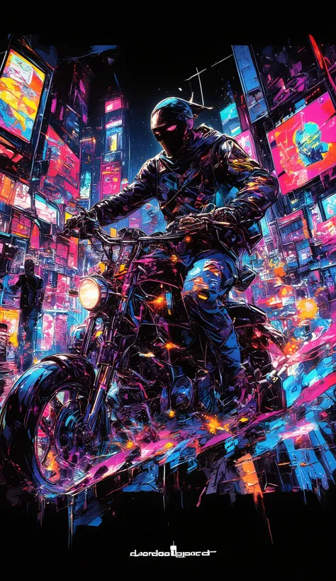The spiritual art of a Graphite artist man in Times Square at night, Graphite na parede , Homem artista de Graphite pilotando uma motocicleta ,  Balaclava completely covering the face  ,   Art of rebellion moving at night  , Marcação de Graphite e bomba ,u...