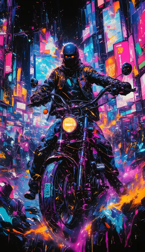 The spiritual art of a Graphite artist man in Times Square at night, Graphite na parede , Homem artista de Graphite pilotando uma motocicleta ,  Balaclava completely covering the face  ,   Art of rebellion moving at night  , Marcação de Graphite e bomba ,u...