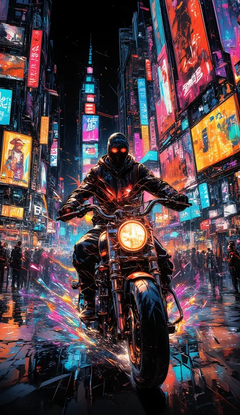 The spiritual art of a Graphite artist man in Times Square at night, Graphite na parede , Homem artista de Graphite pilotando uma motocicleta ,  Balaclava completely covering the face  ,   Art of rebellion moving at night  , Marcação de Graphite e bomba ,u...