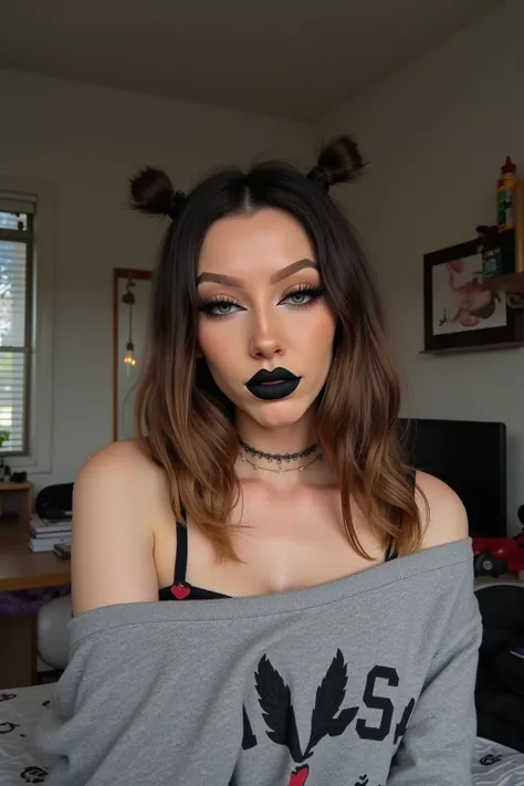 1girl, woman, emo_hairstyle, black lipstick, big choker, eyeliner, eye shadow, mascara, smoky eyes, black lips, bedroom, natural lighting, perfect face, emo, big breasts, black lips, sweatshirt, over the shoulder, tattoo