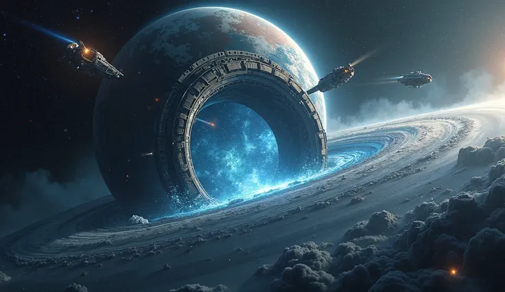  interdimensional portal in the orbit of a planet, ATTACHED TO A GIANT SPACE STATION , With ships around