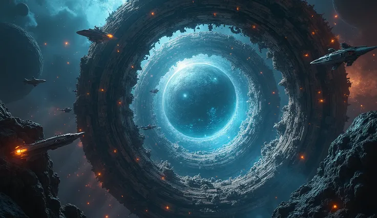  interdimensional portal in the orbit of a planet, ATTACHED TO A GIANT SPACE STATION , With ships around