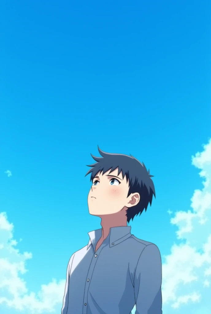 anime man looking up at blue sky 