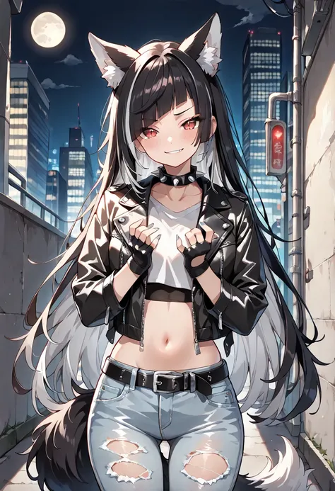 ((masterpiece, best quality, ultra detailed, high resolution, beautiful detailed face, beautiful detailed eyes, perfect hands)), (1 woman, solo, wild), (wolf ears and tail), (black hair, silver inner color hair, very long hair, diagonal bangs), (turime:1.3...