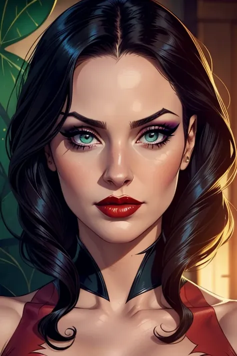 A beautiful woman whose facial features are a combo of Catwoman + Poison Ivy, both characters being from DC Comics. The woman has lovely makeup on her face. The woman wears red lipstick. Symmetrical eyes. Symmetrical face. Great details. Full-colored. High...