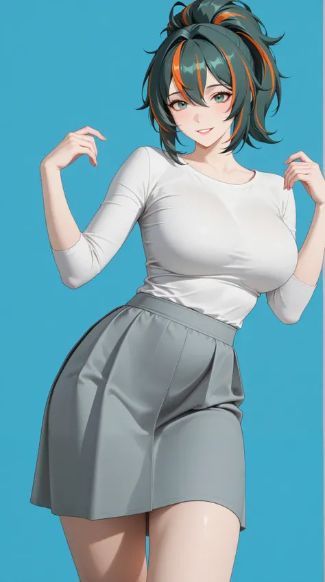 masterpiece, extremely detailed,realisric skin texture,4k,solo,1girl,adult ,((fullbody)),zhu yuan,ponytail streaked hair,happy,slim body, sexy legs,perfect body,large breasts,housewife,grey span skirt, oversize white tshirt,soft light, high detailed, best ...