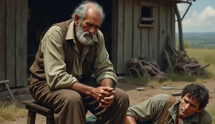 A sad and worried old farmer sitting on a wooden stool, looking at his lazy son with concern.