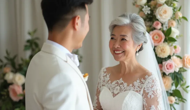  overall photo of young man's wedding with asian old woman, full body parts photo , white wedding dress  . Grandma's smile is so radiant , beautiful and warm . background behind the woman is wedding flowers and curtains