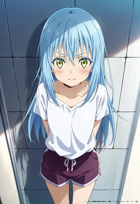 masterpiece,best quality,official art,wall paper,absurdres, beautiful detailed face,detailed texture,detailed skin,BREAK 1girl, Tensei shitara Slime Datta Ken,source_ Tensei shitara Slime Datta Ken,Rimuru Tempest,shirt,shorts,room
