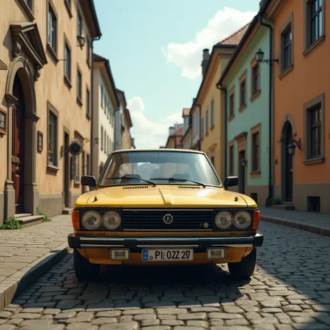 Lada 1990 summer car on German Catholic Street Photorealistic,  top quality , } hyperdetailed ,  idea is very complicated,  very realistic,  intricate 