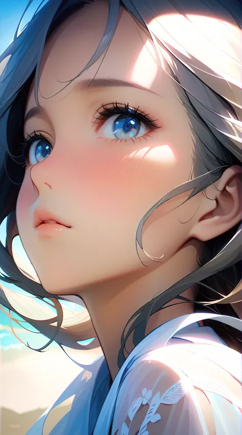 masterpiece, Highest quality, Super Detail, 8K, Detail Light, Detailed Shadows, born, (Delicate skin), (Genuine: 1.2),, 1 Girl, Gray Hair, one piece ，Eye close-up, write