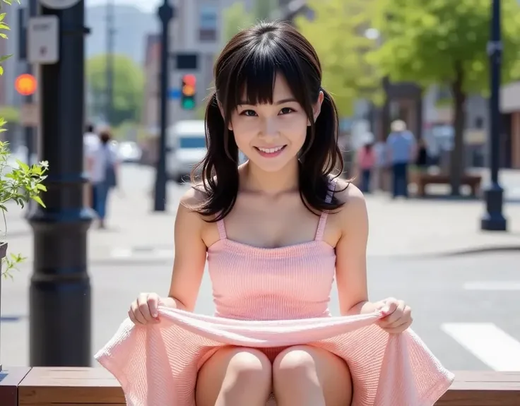 Japanese girl, Street corner bench、 summer dress, ,  curly black medium hair,  twin tails,  summer fashion  、 strapless  、  crunchie  ,,( smile:1) , (  Delicate Detailed Eyes  )、  beautiful black eyes 、 lips,  very elaborate face  , ((  High Quality Render...