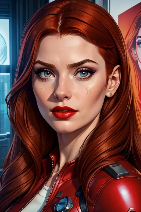 A beautiful woman whose facial features are a combo of Amy Pond from "Doctor Who" + Barbara Gordon from DC Comics. The woman has lovely makeup on her face. The woman wears red lipstick. Symmetrical eyes. Symmetrical face. Great details. Full-colored. Highl...