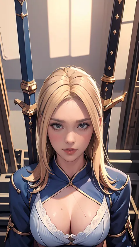 (a sexy blond girl working in a Weapon Shop),  swords in the background,(masterpiece:1.2), (highest quality:1.2),highest quality, detailed face, detailed eyes, straight nose