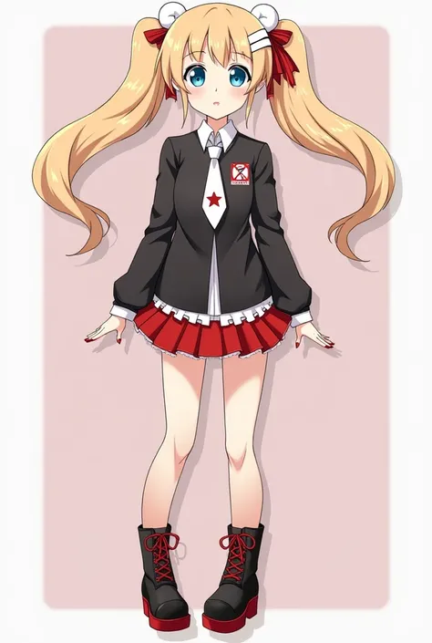 Junko Enoshima is a young teenager woman that has blue eyes, red nails, two twin pigtails with long bleached strawberry-blonde hair tied in, a white bear hair clip on the right side of her hair and a black bear hair clip on the left side. She wears a black...