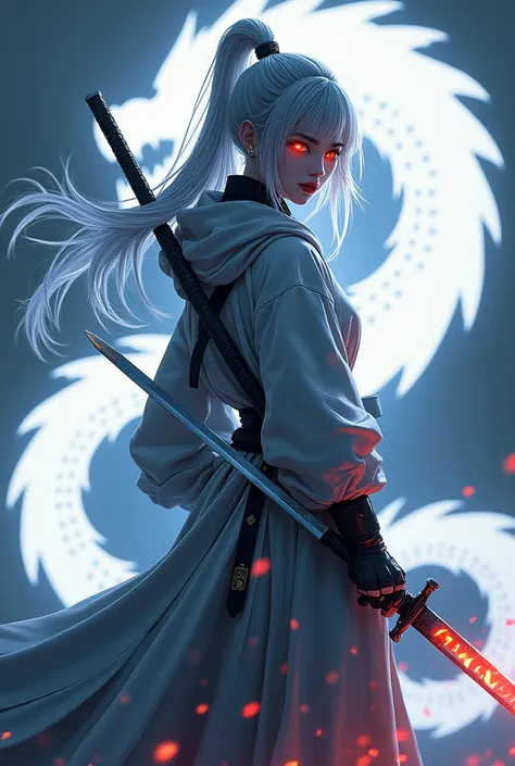 Create a game logo featuring a female ninja goddess, a needle-silver raincoat, silver-colored hair with flaming eyes holding a katana sword. Dressed like a god in heaven, with a silhouette of silver, neon on the back.\n and has the active gesture of a demo...