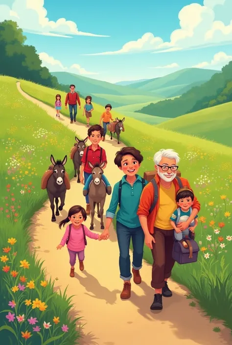 Image type cartoon une foule de famille se dirige sur un long chemin sinueux bordé de prairies remplies de fleurs. Des ânes transportent les bagages. 