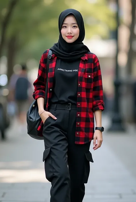 Beautiful Korean Women,smooth white skin, well-groomed face, gaul,smile sweetly, wearing long black hijab , current trends, black red checkered shirt. Rolled up in sleeves, Black logo t-shirt (AIREN) black cargo pants with lots of pockets, black sneakers ,...