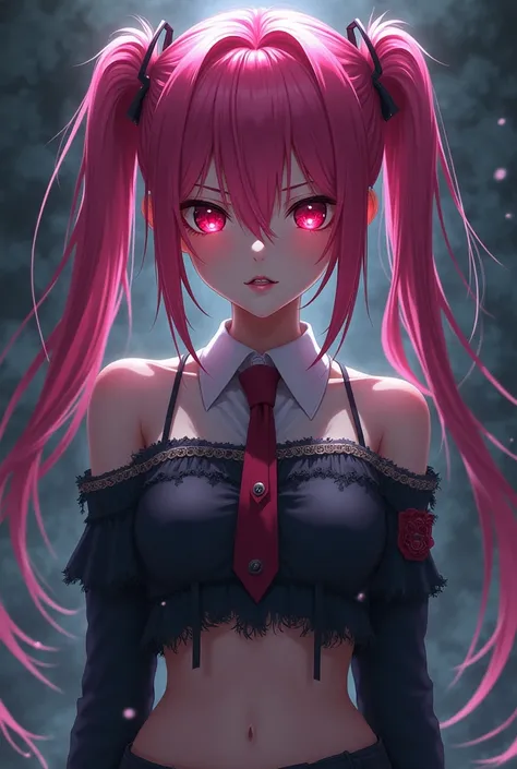 anime girl with hot pink hair(long twin tails) having red glowing eye(closed one eye) in black school girl(grade11) uniform(teared uniform with off shoulder and off stomach) , with dark mist background(not too dark) 