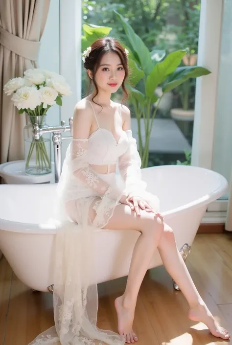 a young woman sitting elegantly on the edge of a white vintage bathtub. She is wearing a delicate white lace outfit with sheer, flowing sleeves, and the fabric drapes gracefully onto the floor. Her hair is styled in a loose, elegant updo adorned with small...