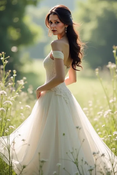 Beautiful woman wearing a large white dress open on one side exposing the navel 