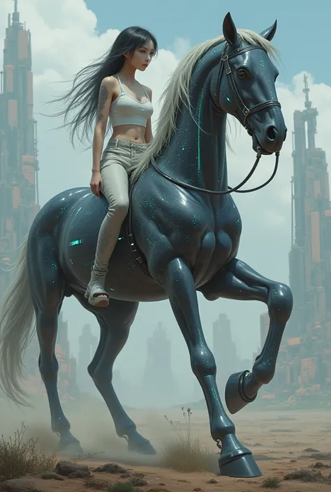 Hybrid between a young beautiful asian girl with cybernetic horse. 