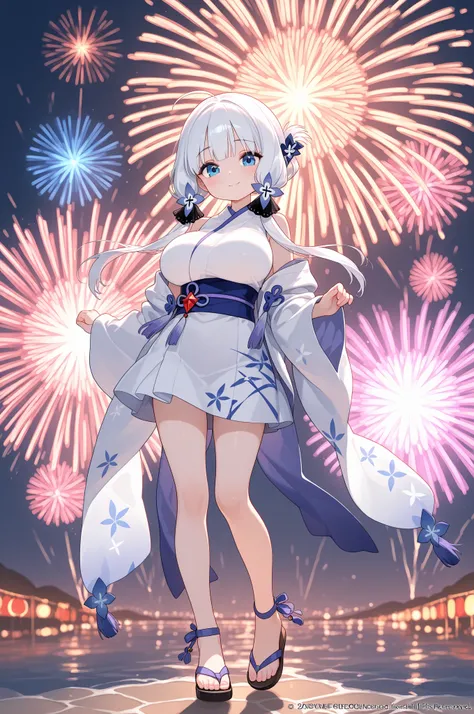 Cute, tiny, slim girl with big breasts at the firework festival in yukats and traditional sandals. Traditonal hair style and accessories. She shyly waits for her date. Illustrious festival background