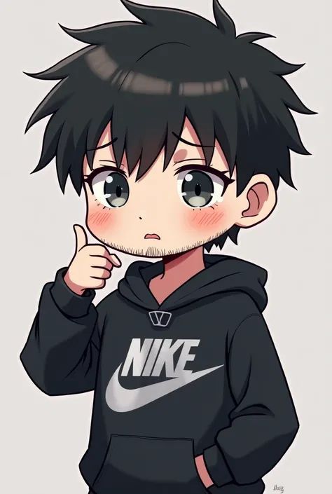  masterpiece,  medium short plane ,  contraction gesture , Chibi,  short black hair,
 short beard,  black Nike sweatshirt with silver details,  short hair with butt  ,  sad, crying