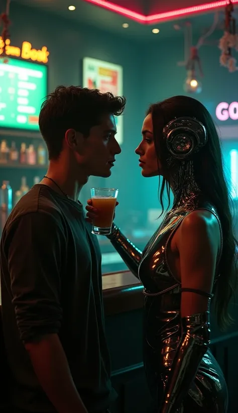 Create pictures of The young man was drinking in front of the bar. Bar was exhausted with the robot of the girl. 

Deepness, medium -sized images, full views, first -sized views, leather lighting, neon light, shiny metal shine, fluorescent lights. In a mov...