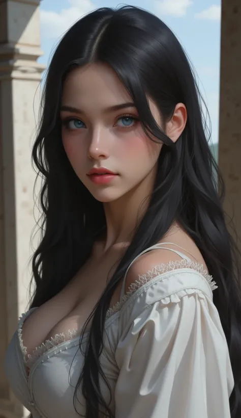 A woman with fine and delicate features, almost angelic, with long, wavy black hair and blue eyes, in medieval RPG style clothing, but modest and not too heavy, her race is Aggelus.
