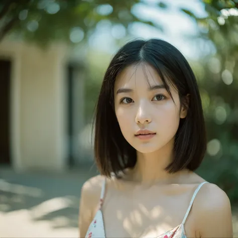 A hyper-realistic image of a single Japanese woman in her early 20s, captured with the nostalgic warmth and subtle graininess of a film camera. Her skin has a warm beige tone with a natural, slightly rough texture that includes visible pores, fine lines, a...