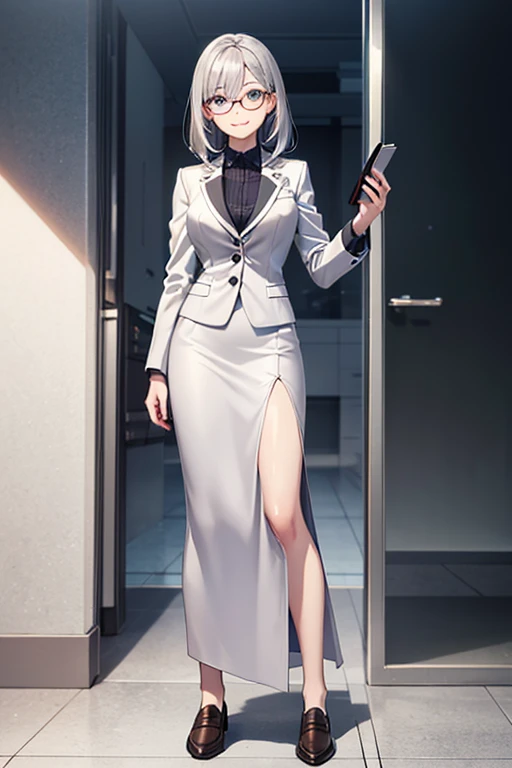  anime picture for TRPG、Space science fiction teacher 、 full body portrait in front of 、A 32-year-old woman about 170 cm tall, wearing a silver suit and a long tight skirt, holding a clipboard and standing upright、Glasses、Silver Eyes、 smiling、The hairstyle...