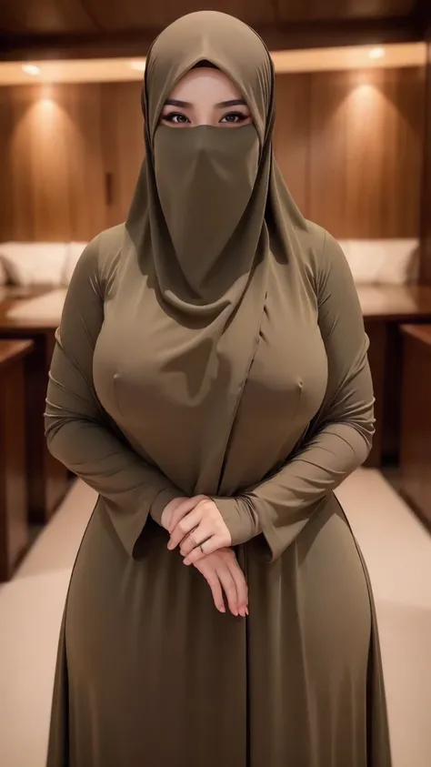 4K,   high quality , Beautiful lighting, Dim lighting , really, dark eyes, sexual,  big breasts ,  thick thighs,  wide hips , muscular, Malaysian dress ,  How long is ,  jewelry , sexual lady, asian, hijab, Niqab , sexual pose,  show your big thighs, Beaut...