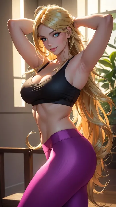 (best quality,ultra-detailed,photo-realistic:1.37),bright and vibrant colors,studio lighting,playful expression,stylish makeup,long blonde hair flowing in the wind,alluring eyes,glossy lips,sexy pose,Yoga Pants, Yoga Studio, smiling in a confident and sedu...