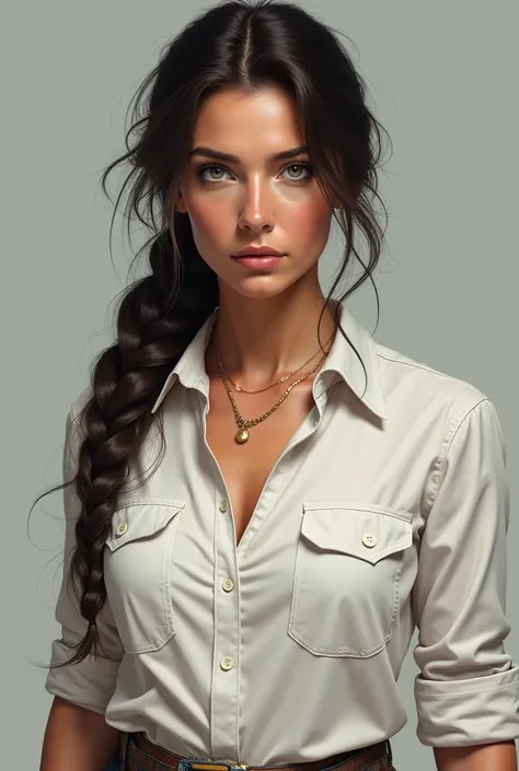 Adult european cowgirl, one braid, black Hair, light eyes, white shirt, light skin, digital art, realism, painting art