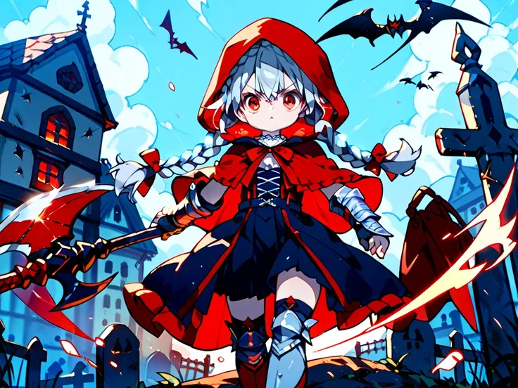 Red Black Scare 々The scythe of Shinigami Shinigami 、 one girl( Little Red Riding Hood、 holding a reaper scythe 、 gauntlet 、 Silver Hair( braids)、 red eyes( is sparkling))、 graveyard