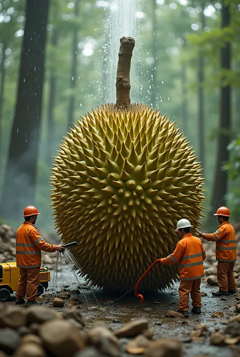 "A surreal and highly detailed scene of a giant durian being transported and cleaned by tiny construction workers in an outdoor forest setting. The durian is massive, glistening with water droplets as one worker sprays it with a hose, while others use mini...