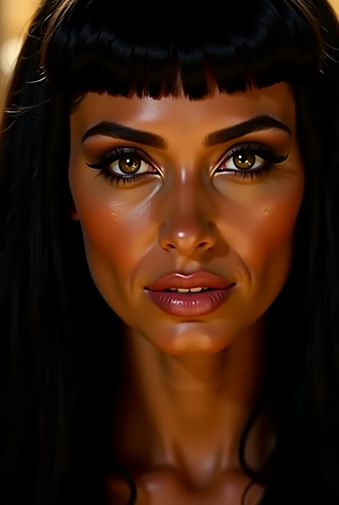 A close-up of Cleopatra’s face, her striking hazel eyes locked directly with the viewer, full lips slightly parted, creating an intimate and commanding expression. The lighting highlights her perfect, tan skin, flawless and glowing under the torchlight. He...