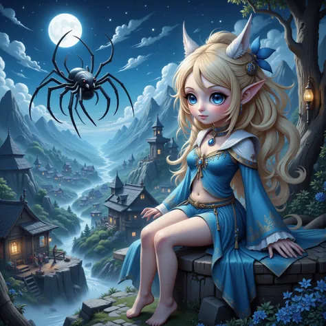 A delicate elf maiden (cute, extremely pale, waist length blonde hair, ice blue big eyes, elegant sheer blue gown with arcane embroidery, quick silver belly chain and body jewelry, no underwear), is sitting on a platform in her mountain top elven village, ...