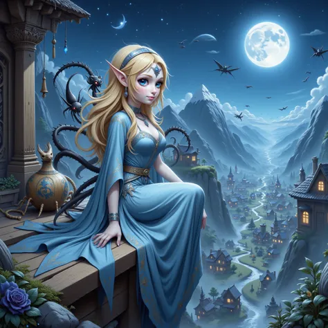 A delicate elf maiden (cute, extremely pale, waist length blonde hair, ice blue big eyes, elegant sheer blue gown with arcane embroidery, quick silver belly chain and body jewelry, no underwear), is sitting on a platform in her mountain top elven village, ...