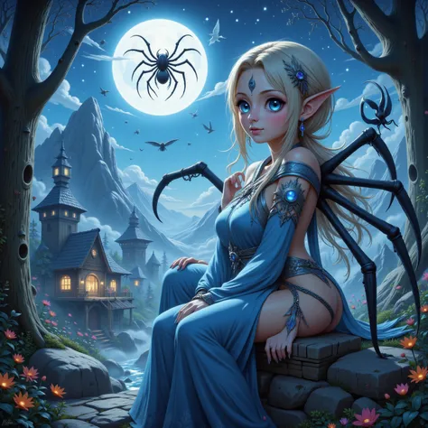 A delicate elf maiden (cute, extremely pale, waist length blonde hair, ice blue big eyes, elegant sheer blue gown with arcane embroidery, quick silver belly chain and body jewelry, no underwear), is sitting on a platform in her mountain top elven village, ...