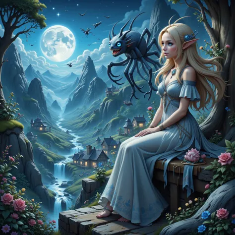 A delicate elf maiden (cute, extremely pale, waist length blonde hair, ice blue big eyes, elegant sheer blue gown with arcane embroidery, quick silver belly chain and body jewelry, no underwear), is sitting on a platform in her mountain top elven village, ...