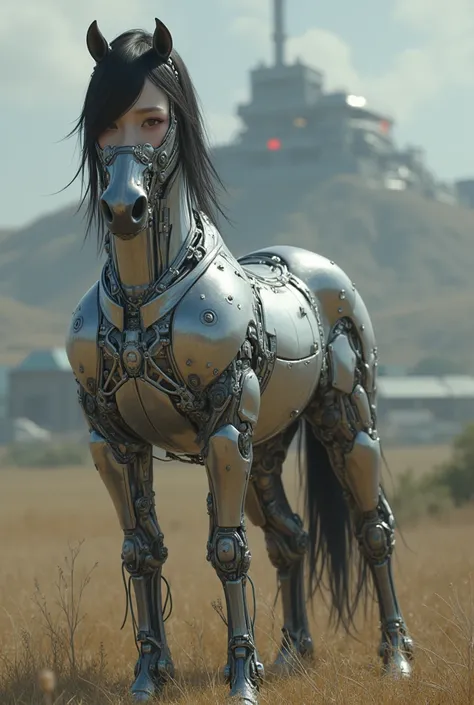 Hybrid between a young beautiful asian girl with cybernetic horse. Upper body girl, half bottom body cybernetic horse