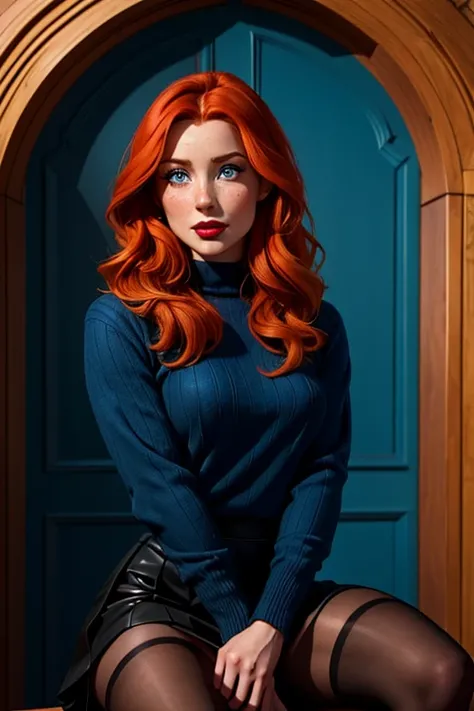 A beautiful female whose facial features are a combo of Camryn Grimes + Madelaine Petsch + Molly C. Quinn + Karen Gillan. The female has ginger hair. The female has blue eyes. The female has faint freckles. The female wears a blue sweater and a black skirt...