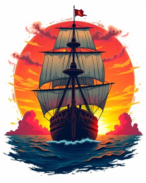 A large pirate ship is floating in the sea against a backdrop of sunset. Graphic vintage style  t-shirt design colorful clear outline vector contour white back ground no mockup paint, no splatter, no watermark, no signature